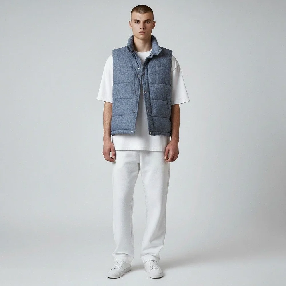 Banana Republic Puffer Vest M Blue Heathered Cotton Quilted Snap Front Vest